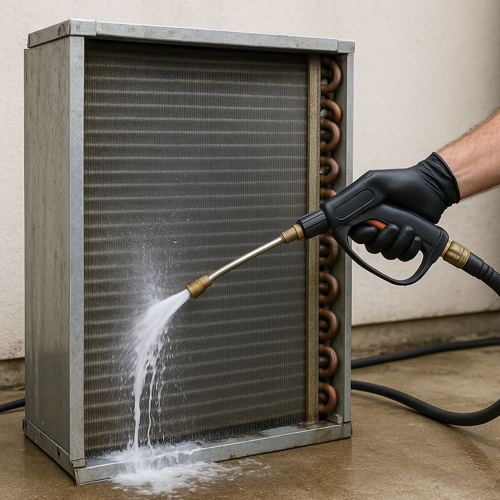Close-up of a dirty HVAC evaporator coil before a professional cleaning.