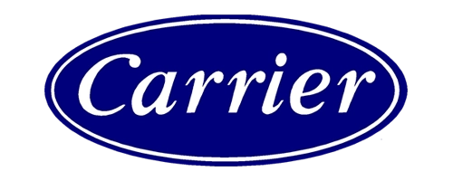 Carrier logo in a navy blue oval, representing a globally trusted brand in heating, ventilation, and air conditioning (HVAC) systems